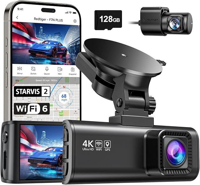 REDTIGER F7NP 4K Dash Cam Front Rear, STARVIS 2 Sensor, Free Card Included | 5.8GHz WiFi-20MB/s Download, WDR Night Vision, Wide Angle, G-sensor Incident Detection, 24H Parking Mode(Hardwire kit needed)