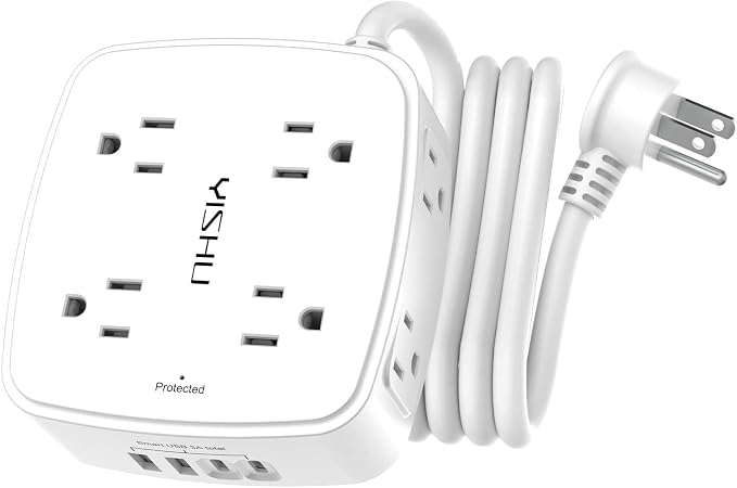 6Ft Surge Protector Power Strip with 8 Widely Outlets & 4 USB Ports | 3 Side Outlet Extender with 6 Feet Extension Cord, Flat Plug, for Home, Office, College Dorm Room Essentials, ETL, White