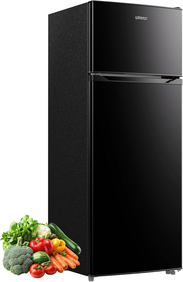 Upstreman 7.7 Cu.Ft. Refrigerator with Freezer Double Door Fridge | 7 Adjustable Thermostat, Large Capacity, Reversible Door Swing, Refrigerator for Apartment, Office, Dorm, Black（BD75
