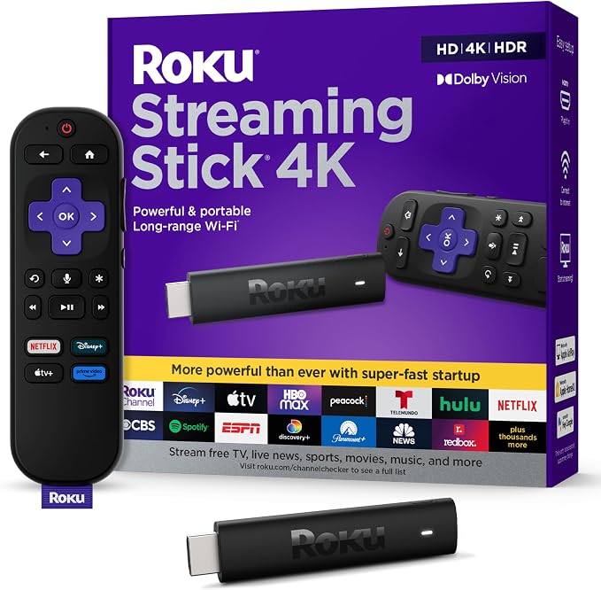 Roku Streaming Stick 4K with Voice Remote - HDR10+ & Dolby Vision | Compact 4K Streaming Device for TV with Roku Voice Remote & Long-Range Wi-Fi - Free & Live Local News, Sports